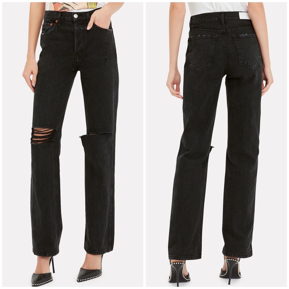 Re/Done Originals High Rise Loose Jeans Washed Black Distressed Size 26
